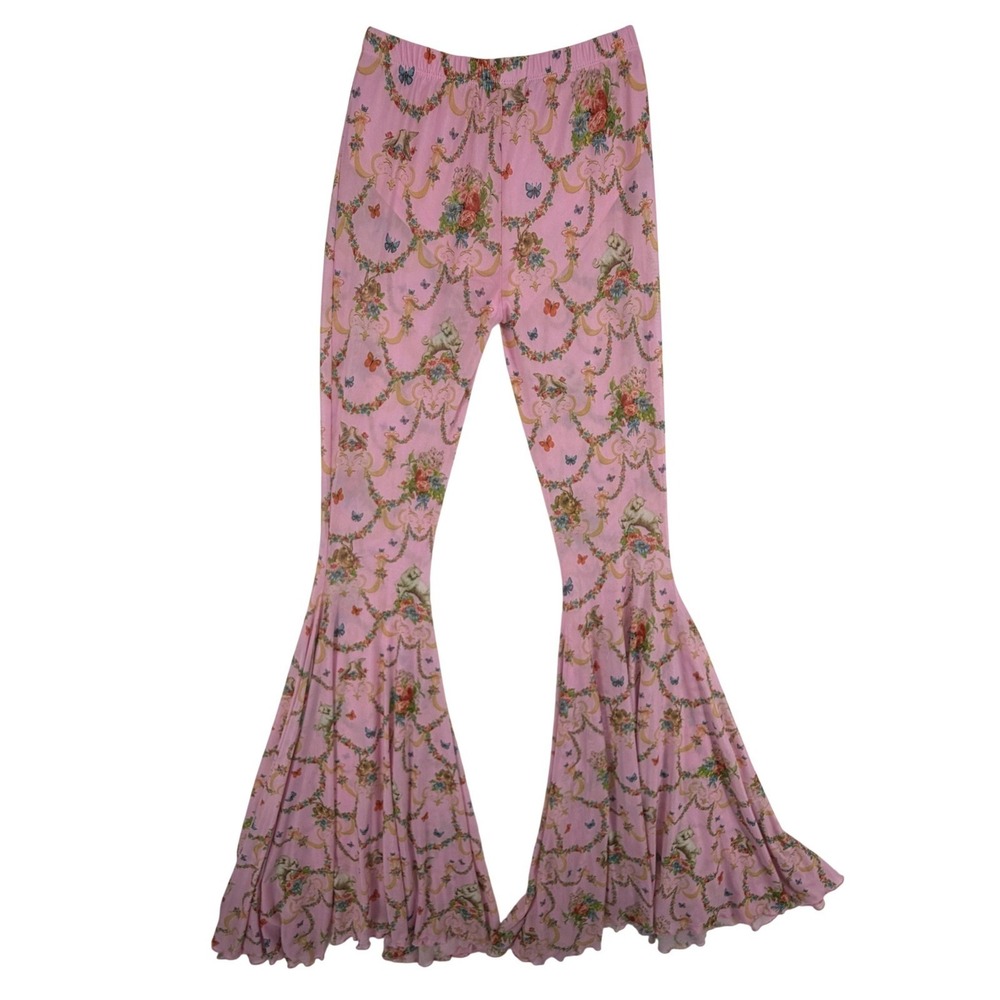 Sugar Thrillz Renaissance Floral Mesh Flare Pants Size S Pink High Rise Coquette - Picture 5 of 9